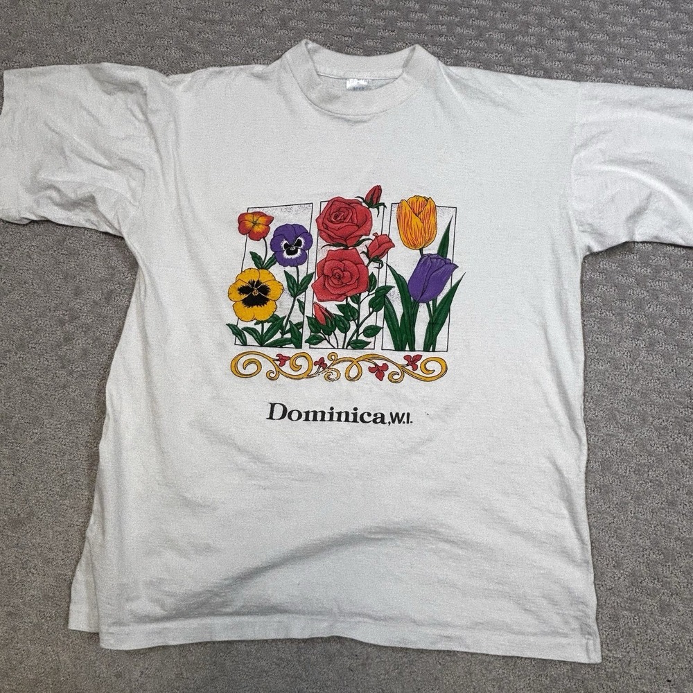 VTG Dominica W.I. T Shirt Sz L White Caribbean Floral‎ Single Stitch 90's Island